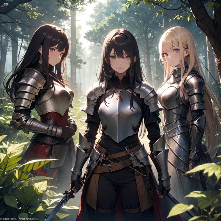 A group of female knight, (in forest), various hair styles, harem, wearing armored clothes, metal armor, night, details face, trousers, seducing, sword,