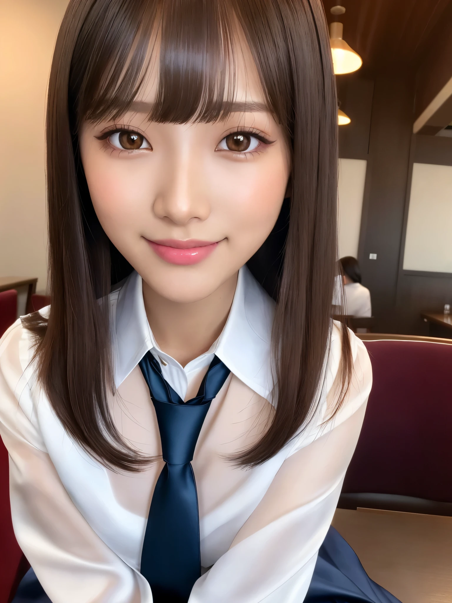 14years、brown haired、beautidful eyes、real looking skin、hi-school girl、small tits、(8K、masterpiece)、(reallistic、Photorealsitic)、top-quality、ighly detailed、The ultra-detailliert、Beautie、cute little、chineseidol、idol、a smile、Close-up portrait、Healthy face、School uniform、plaid skirts