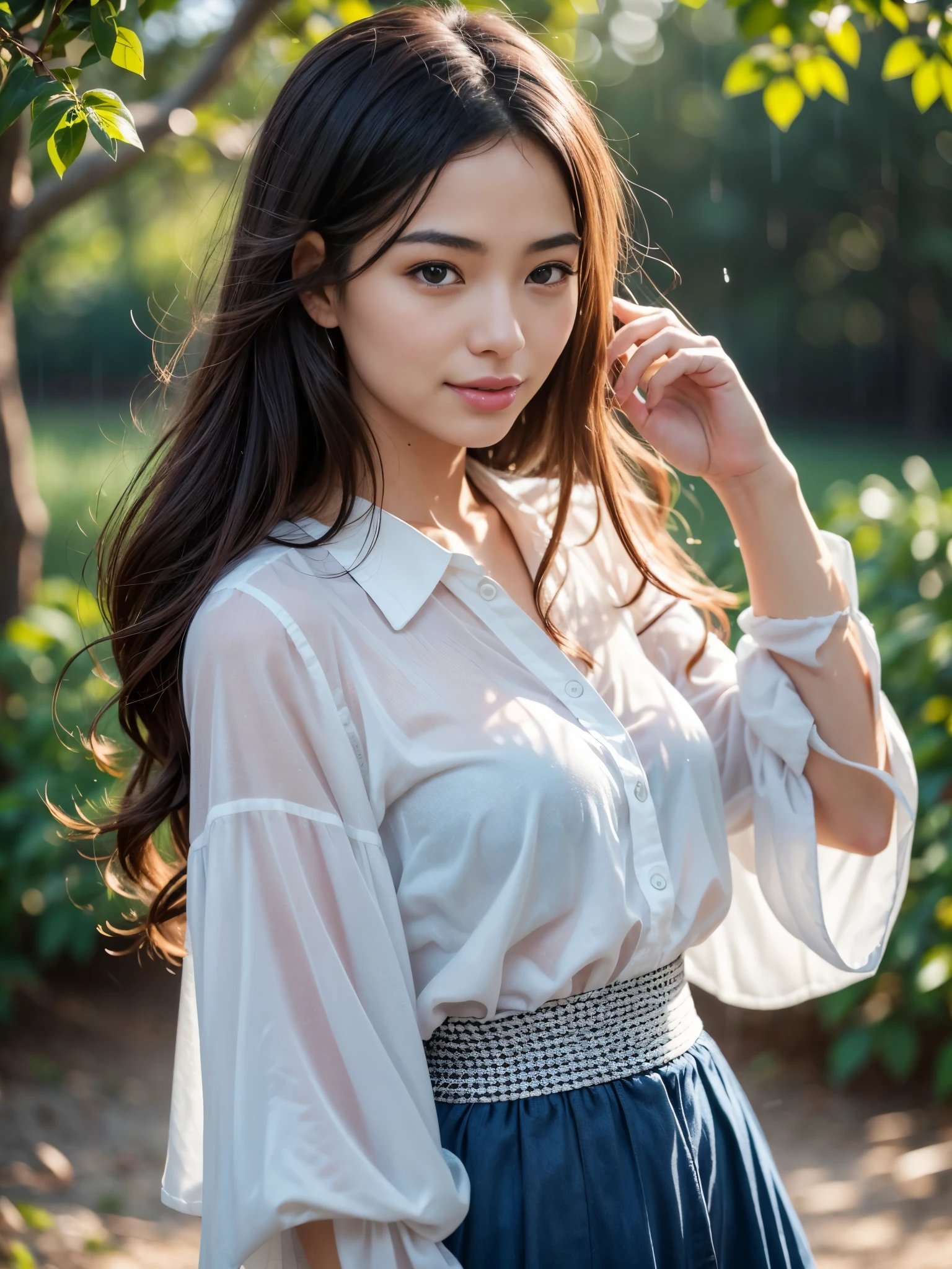 Beautiful Japan woman, nice perfect face with soft skin, small face with nose and rose-like lips, beautiful eyes, beautiful smile. Black, thin and long beautiful hair bathed in a bright etheric shine. Gradient highlight greige layer loose fluffy medium hairstyle, navy band collar shirt, houndstooth yellow flared skirt, bright neon colorful background, super realistic woman photo, high quality High Resolution 8K masterpiece, walking outside on damp path in park, glistening droplets of rain in the sun, damp clothes, wet
