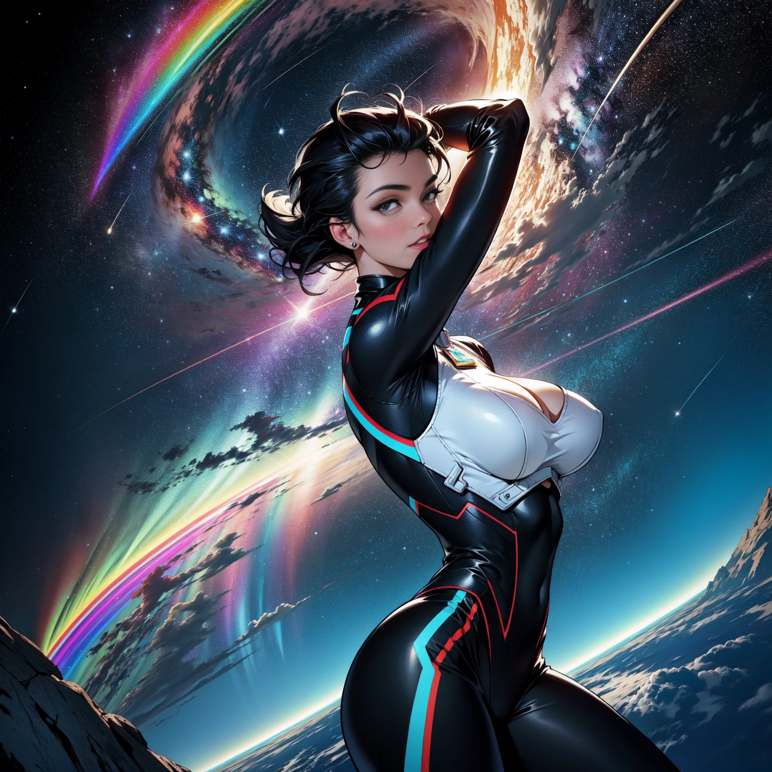 (((32k))),(((Highest quality))),(Perfect One Woman),60's,70's,80's,old movie posters,retro,vintage,bauhaus,abstract,Space Thriller Movie Poster,Futuristic,shape,OK,cosmos,galaxy,satellite,mechanical,Geometric pattern,meteor,meteorite,planet,very delicate,Space flyer OK,Milky Way,((big breasts)),(cleavage),rainbow,massive stream of light,flare,overlay,aurora,Starry sky,infinite possibilities,strongest,Highest,(perfect fingers),perfect gorgeous physical beauty,perfect limbs, very tight clothes detailing all body breasts and shaved pussy.