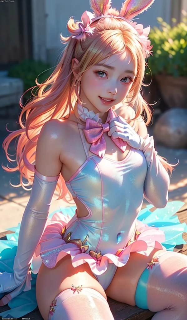 masterpiece, best quality, extremely detailed CG unity 8k wallpaper, (Upper Body head close-up shot of a beautiful little girl), Wendy, Elegant Long straight blonde hair, (Mckenna Grace), ((flat chest,thighs)), ((pink-Cyan)) golden ((Glittering tutu,long Bunny Ear Headgear, glove, Bow-tie, zettai ryouiki)), ((fleeing,spread legs)), (Blush), oil skin, (seductive smile), (Wonderland), pretty face, key art, award winning, intricate detail realism hdr, by (ruan jia and artgerm and range murata), Photorealism, Hyperrealism, ultra realistic, dramatic light, intense shadows, gorgeous view, depth of field
 
