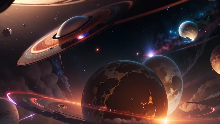 a close up of a group of planet in a dark sky, large planet in the background, planet in the background, planet and galaxies, planet behind, planet in the skies, planet in the sky, floating planet, 環のあるplanet, floating planet and moons, planet, planet align, planet and stars, planet in orbit, planet on the background