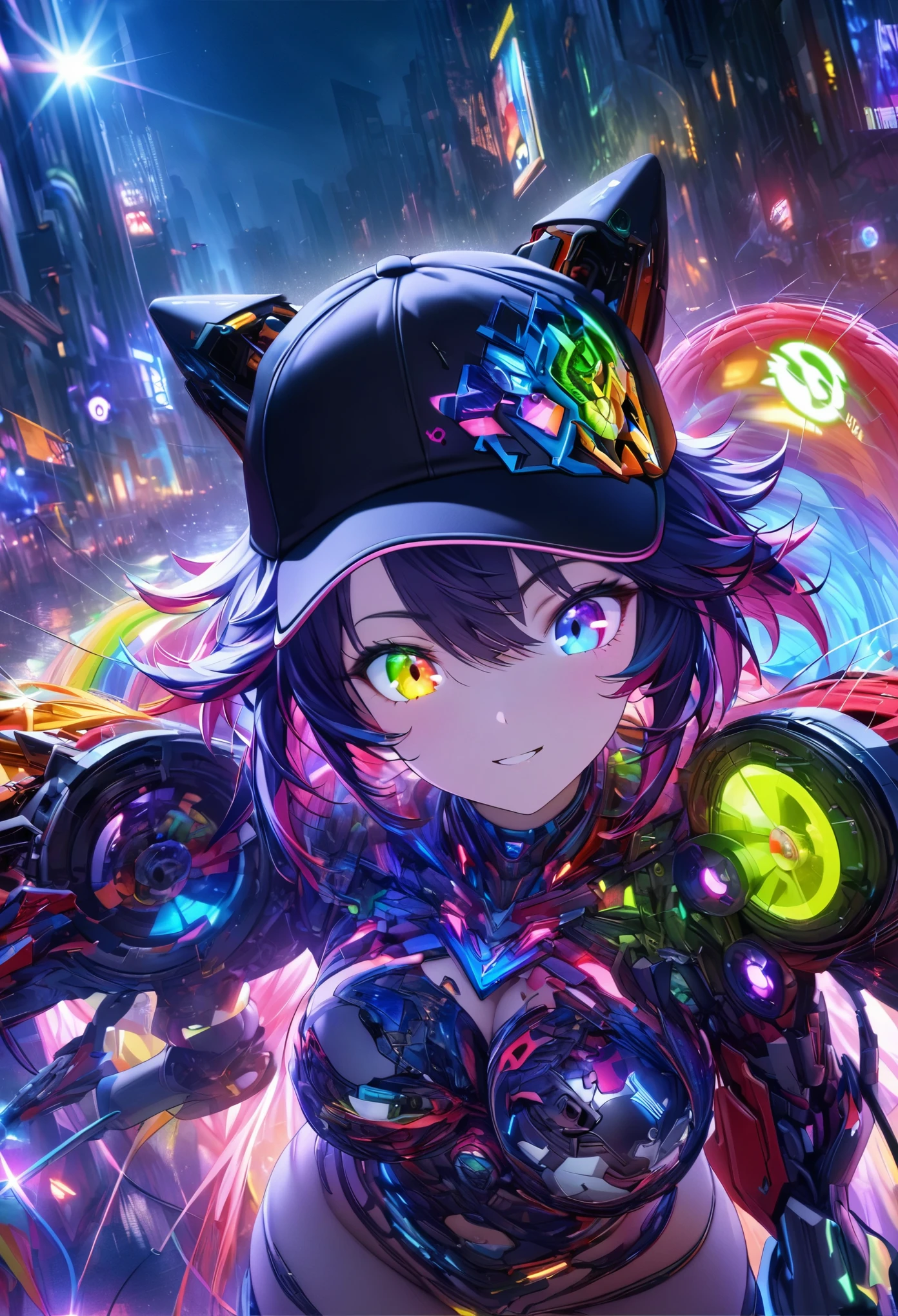 {{Masterpiece,best work}}, top quality, Ultra-detailed CG Unity,8k wallpaper, lens flare, (Detailed beautiful eyes),particle,Miss,Berry short hair,cool face,((Colorful mechanical wool)),rainbow eyes,heterochromia iridis,Big deal,黑紫色Body,Inorganic black headwear,(Perfect Body),cyberpunk,Inorganic decoration,Body,cable,low angle,Whole BodyEsbian,a sexy,high heels boots,night city,rain,Eyes looking down,perfect hands.