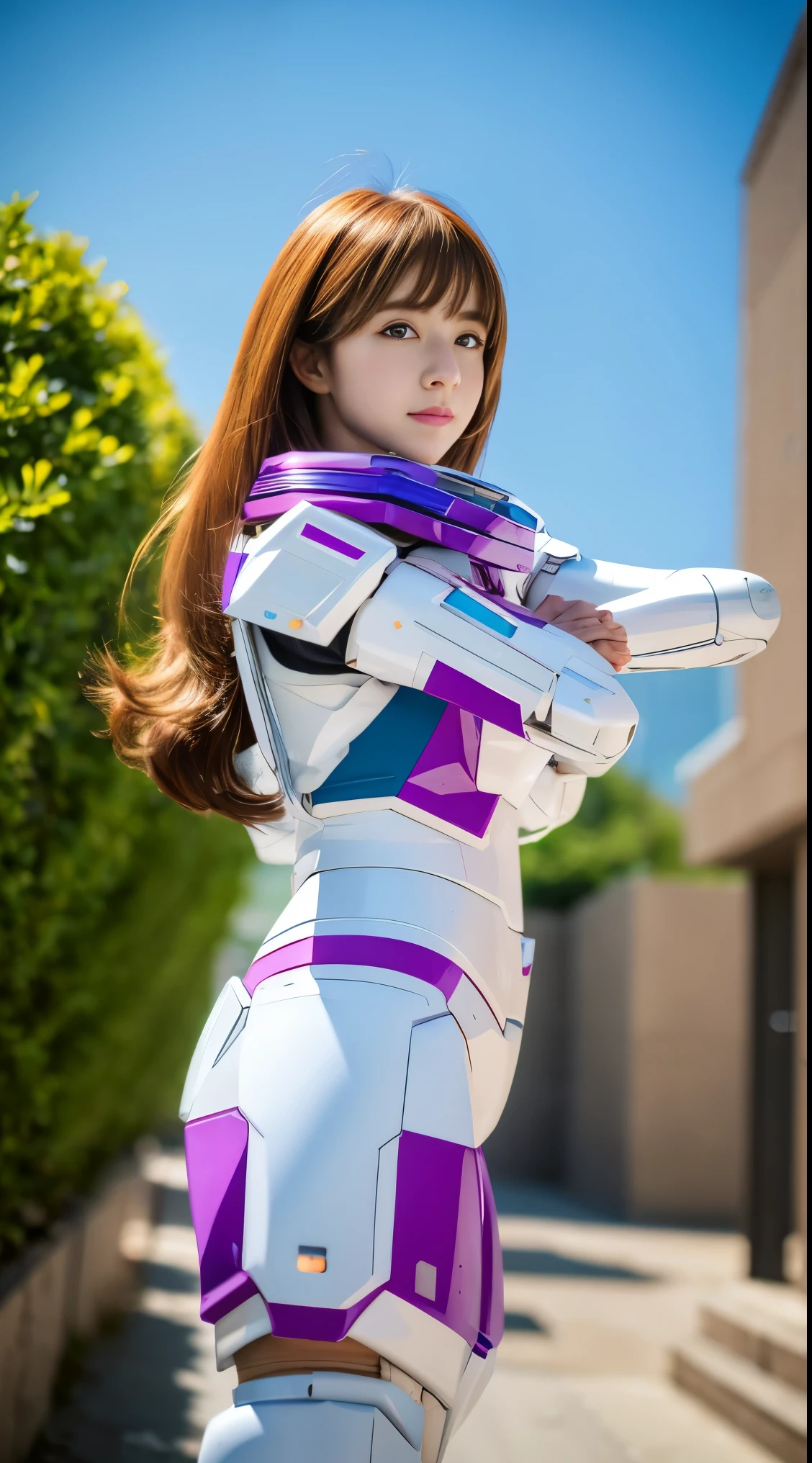 RAW, Masterpiece, Ultra Fine Photo,, Best Quality, Ultra High Resolution, Photorealistic, Sunlight, Full Body Portrait, Stunningly Beautiful,, Dynamic Poses, Delicate Face, Vibrant Eyes, (Side View) a close up of a woman in a pink and white gundam custume, dybamic pose, long brown very very long hair rapunzel, girl in mecha cyber armor, portrait armored astronaut girl, d. va from overwatch, female mecha, on a gundam, gundam head, chiho aoshima color scheme, mobile suit, streamlined purple armor, fully robotic!! girl, realistic cosplay, gundam armor (dynamic pose) (best cameraview), full body