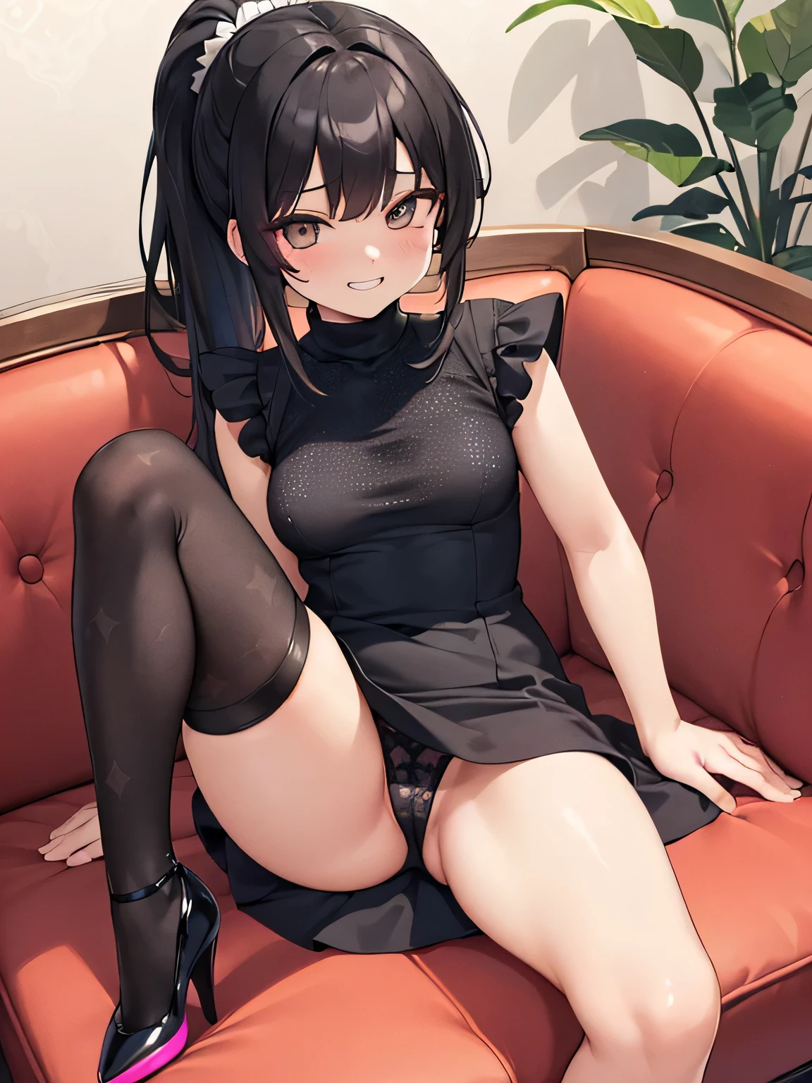 (masterpiece、highest quality、High resolution、realistic pictures、real looking skin:1.1)、
(A woman sits with her legs together on a sofa in a hotel lobby:1.8)、(Since it's a hotel, I'm sitting elegantly with my knees pressed together.:1.8)、(Since it's a hotel, I don't violate manners such as opening my legs apart or standing on my knees.:1.9)、
(The length of the dress is short, so you can see her panties both from above and below.:1.8)、
(looking at her from the front:1.8)、
(she has a grinning expression on her face:1.8)、
(She is wearing a navy short-sleeved turtleneck mini dress.:1.8)、
(These knee-high patterned stockings have gorgeous patterns on the elastic at the opening.:1.8)、(certainly、The left and right patterns are the same pattern、It's a social rule:1.9)、
(I'm wearing black glittery high heels.:1.8)、
(The panties are black with a multi-dot pattern.:1.5)、
(brown medium ponytail:1.5)、
(small face:1.5)、
(she is 25 years old:1.5)、
(Breasts are D-cups:1.5)、
(Location: Hotel lobby sofa:1.5)、
1 Japanese girl、solo、full body esbian、beautiful eyes、shining eyes、Shining thighs、NSFW