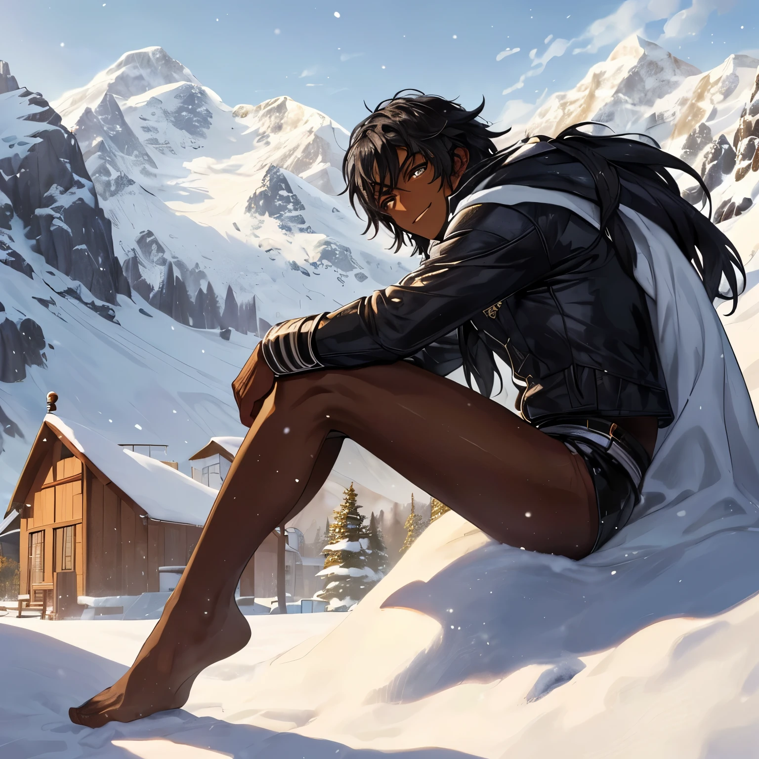 masterpiece, top quality, high resolution,
a  boy, dark-skinned, cobra-like hair, black eyes, shy smile,
background, snow-capped mountains, soft golden sunlight,
pristine snow, one foot in front of the other, old leather clothing,
ancient appearance,
detail:1.3,

This stunning masterpiece captures the essence of a small, dark-skinned boy with cobra-like hair and black eyes, who carries a shy smile. In the background, snow-capped mountains stand still under the soft, golden sunlight, adding to the serene atmosphere of the scene. The boy puts one foot in front of the other as he walks