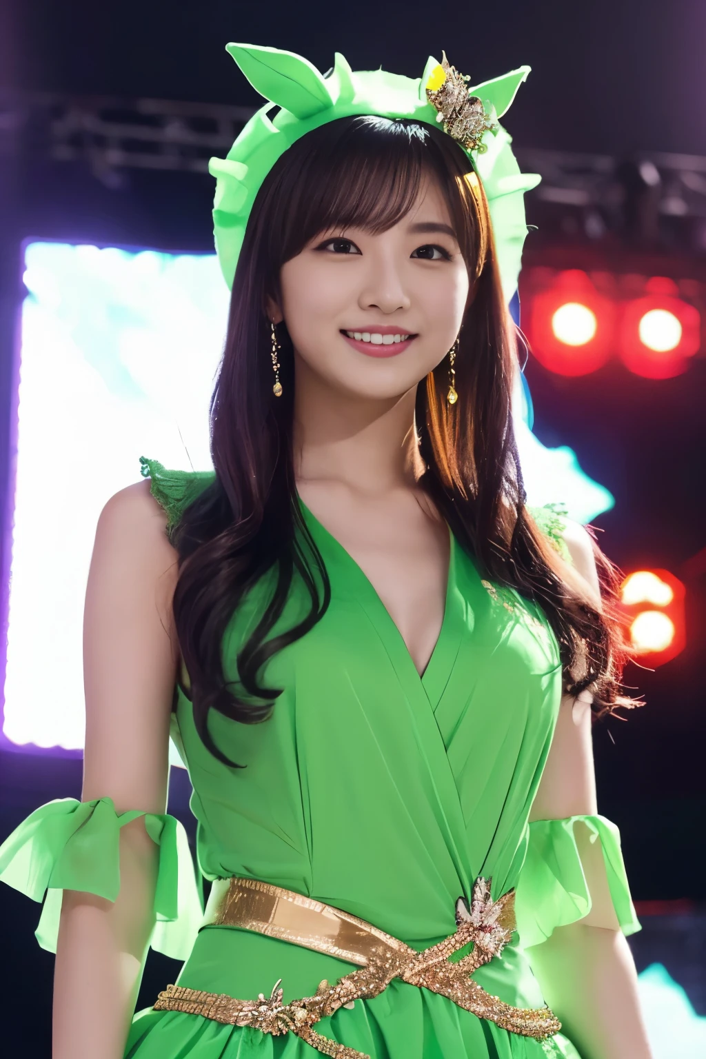 1 girl, (Wearing a bright green idol costume:1.2), Photo collection of very beautiful Japanese idols,
(Raw photo, highest quality), (realistic, Photoreal:1.4), (masterpiece), 
very delicate and beautiful, very detailed, 2k wallpaper, wonderful, 
finely, very detailed CG Unity 8K 壁紙, Super detailed, High resolution, soft light, 
beautiful detailed girl, very detailed目と顔, beautifully detailed nose, finelyて美しい目, cinematic lighting, 
(idol concert:1.4), (The background is a stage:1.3),
complete anatomy, slender body, small, smile