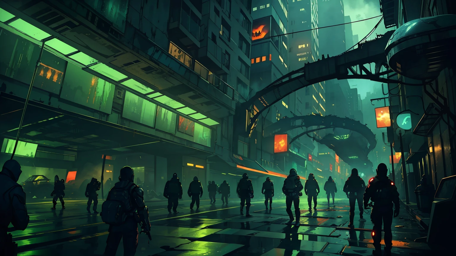 "creepy、Intense alien invasion scene,Dark atmosphere, dramatic lighting, and intense action. Showcasing powerful alien creatures, Advanced technology, ruined cityscape, panicked civilians, and a sense of imminent danger.. Generate disturbing and immersive images,Capturing the chaos and horror of otherworldly invasion."