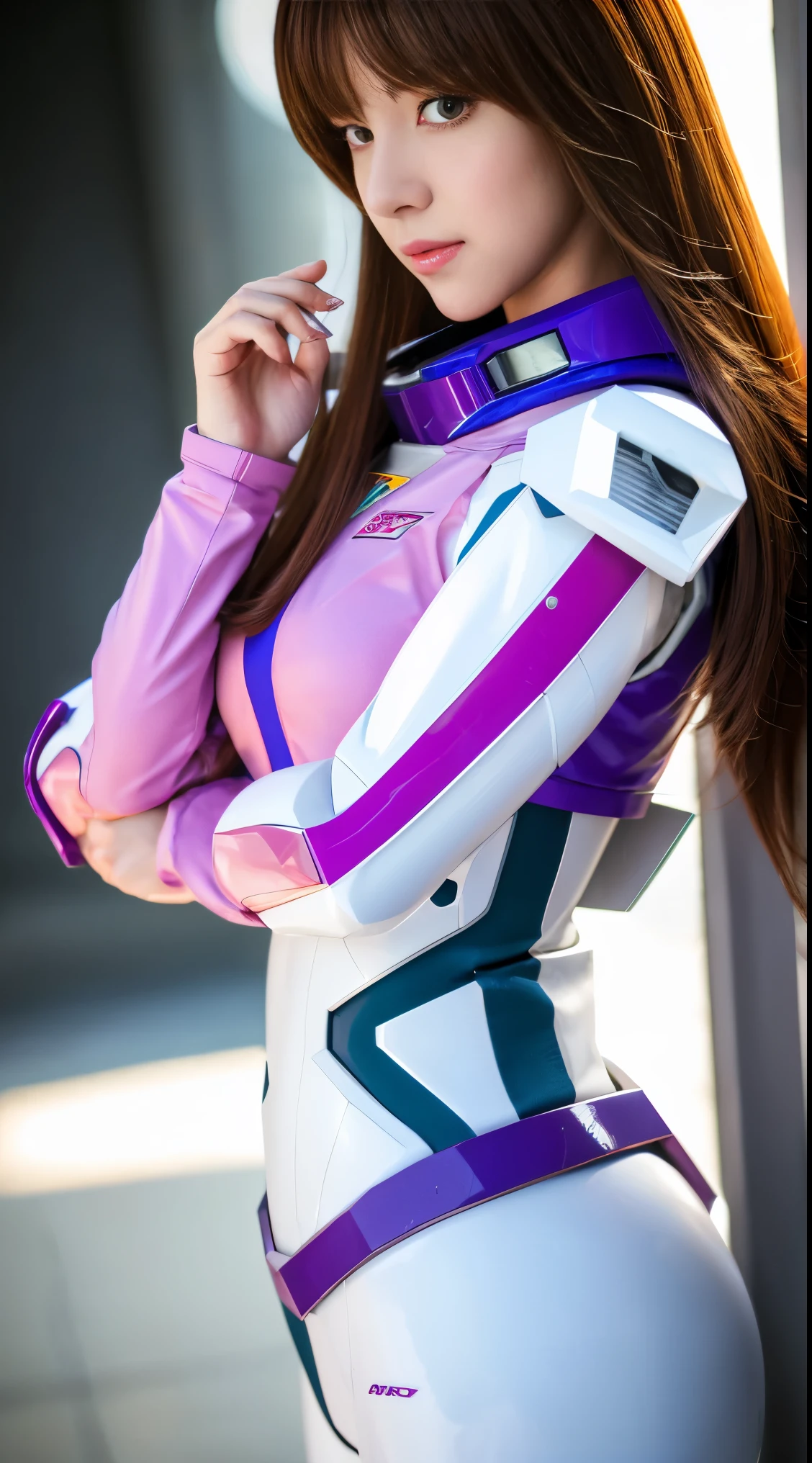 RAW, Masterpiece, Ultra Fine Photo,, Best Quality, Ultra High Resolution, Photorealistic, Sunlight, Full Body Portrait, Stunningly Beautiful,, Dynamic Poses, Delicate Face, Vibrant Eyes, (Side View) a close up of a woman in a pink and white gundam custume, dybamic pose, long brown very very long hair rapunzel, girl in mecha cyber armor, portrait armored astronaut girl, d. va from overwatch, female mecha, on a gundam, gundam head, chiho aoshima color scheme, mobile suit, streamlined purple armor, fully robotic!! girl, realistic cosplay, gundam armor (dynamic pose) (best cameraview), full body