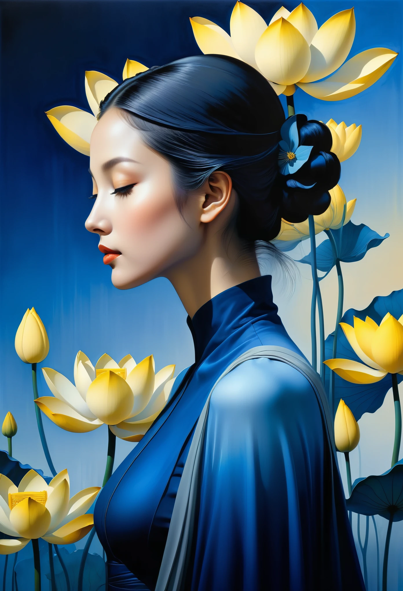 The background features an elegant female figure in profile wearing blue gradient . She is surrounded by large yellow lotus flowers, creating a surreal atmosphere. Inspired by concept artist Moebius, the colors have strong contrast between light gray and dark navy blue, creating a sense of mystery.