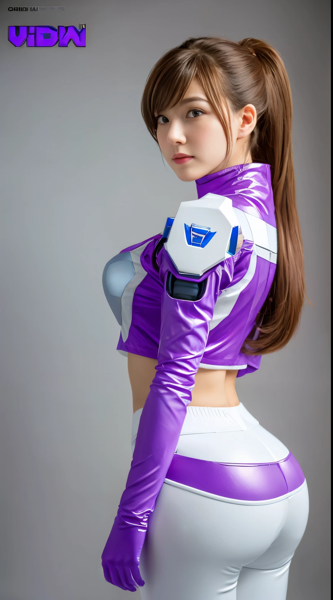 RAW, Masterpiece, Ultra Fine Photo,, Best Quality, Ultra High Resolution, Photorealistic, Sunlight, Full Body Portrait, Stunningly Beautiful,, Dynamic Poses, Delicate Face, Vibrant Eyes, (Side View) a close up of a woman in a pink and white gundam custume, dybamic pose, long brown very very long hair rapunzel, girl in mecha cyber armor, portrait armored astronaut girl, d. va from overwatch, female mecha, on a gundam, gundam head, chiho aoshima color scheme, mobile suit, streamlined purple armor, fully robotic!! girl, realistic cosplay, gundam armor (dynamic pose) (best cameraview), full body