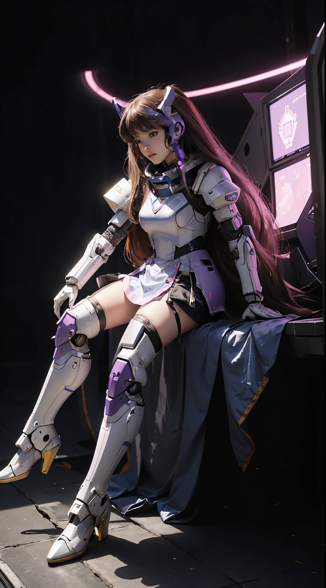 RAW, Masterpiece, Ultra Fine Photo,, Best Quality, Ultra High Resolution, Photorealistic, Sunlight, Full Body Portrait, Stunningly Beautiful,, Dynamic Poses, Delicate Face, Vibrant Eyes, (Side View) a close up of a woman in a pink and white gundam custume, dybamic pose, long brown very very long hair rapunzel, girl in mecha cyber armor, portrait armored astronaut girl, d. va from overwatch, female mecha, on a gundam, gundam head, chiho aoshima color scheme, mobile suit, streamlined purple armor, fully robotic!! girl, realistic cosplay, gundam armor (dynamic pose) (best cameraview), full body