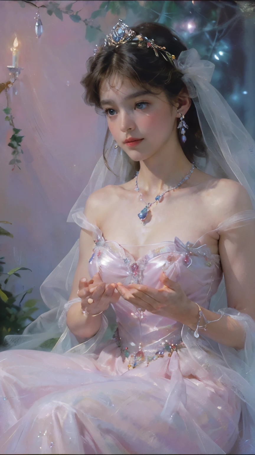 (highest quality、High resolution、masterpiece)、(Photoreal)、(david hamilton style)、(soft focuovie angle、cinematic light、soft light、ray tracing、(land of jewels)、(Adorable Gem Princess、19 years old、Medium chest、)、(The majesty of the princess)、(a compassionate gaze)、(detailed vintage portrait)、 perfect face、beautiful hairstyle、ruby tiara、 fine eyes, (Anatomically accurate hands and fingers)、gorgeous jewelry outfit, (Christmas costume with delicate design)、crystal shine、shining jewel、The brilliance of multicolored gemstones、fairy tale、 alice in wonderland、art nouveau、colorful flowers、The sparkle of jewels fills the space like stars、Background of sparkling water drops dancing in the air、unrealistic background、blurred background、