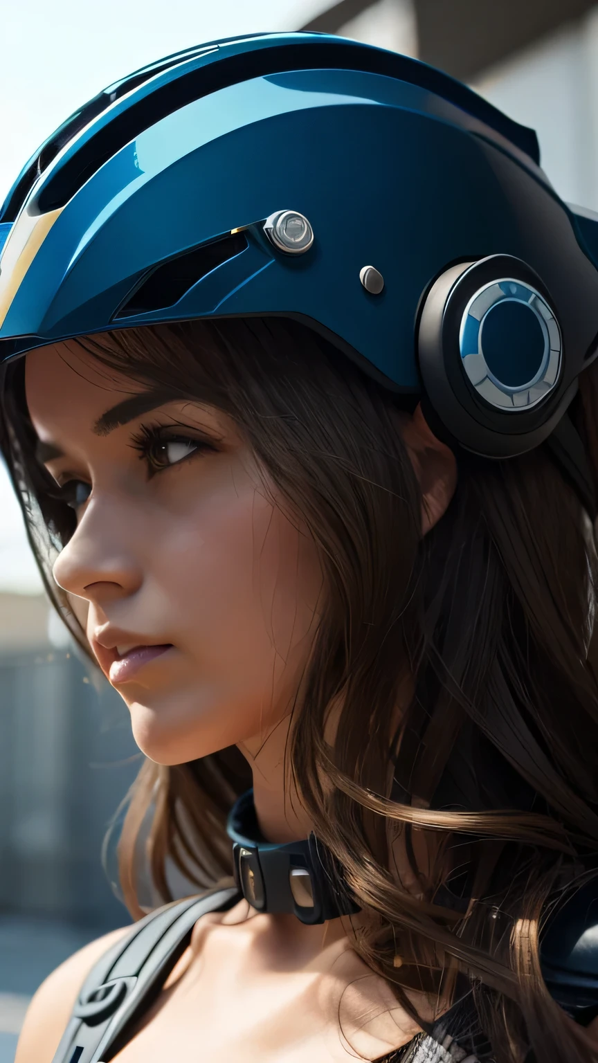 masterpiece,  最high quality, , (alone), 1 girl, look up, dim light, , horizon_(apex legend), goggles, blue eyes, brown hair, gauntlet, shoulder armor, (((full face mechanical helmet))), (science_fiction), outdoor, street, neon light, cyber punk, masterpiece, 最high quality, high quality, High resolution, (((close up of face)))