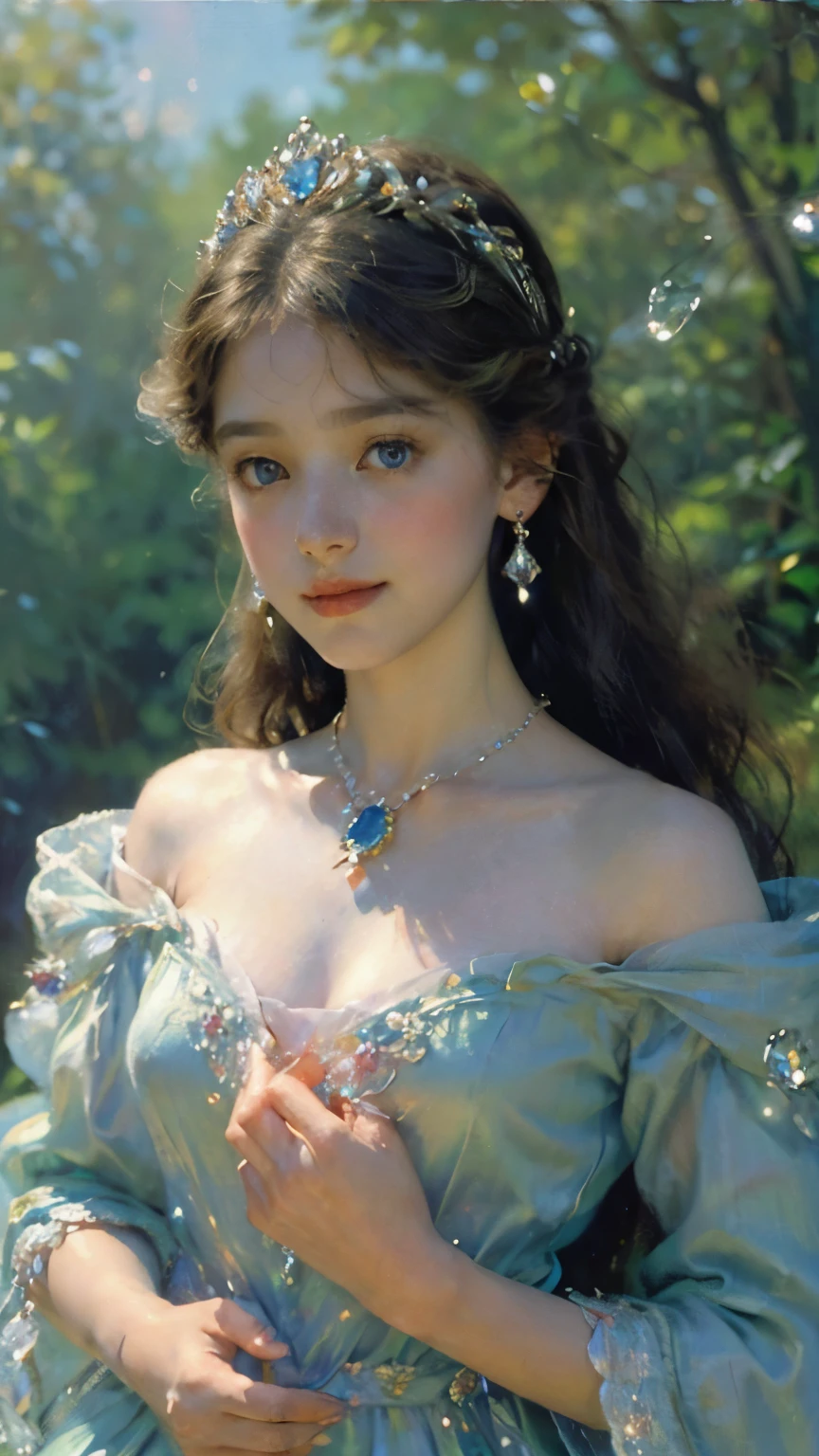 ((highest quality, masterpiece, High resolution))、((reality))、(david hamilton style)、(soft focuovie angle、cinematic light、soft light、ray tracing、(land of jewels)、(Adorable Gem Princess、19 years old、Medium chest、)、(The majesty of the princess)、(a compassionate gaze)、(detailed vintage portrait)、 (Detailed depiction of a beautiful face)、realistic skin、beautiful hairstyle、ruby tiara、gorgeous jewelry outfit, crystal shine、shining jewel、The brilliance of multicolored gemstones、fairy tale、 alice in wonderland、art nouveau、colorful flowers、The sparkle of jewels fills the space like stars、Background of sparkling water drops dancing in the air、unrealistic background、blurred background、
