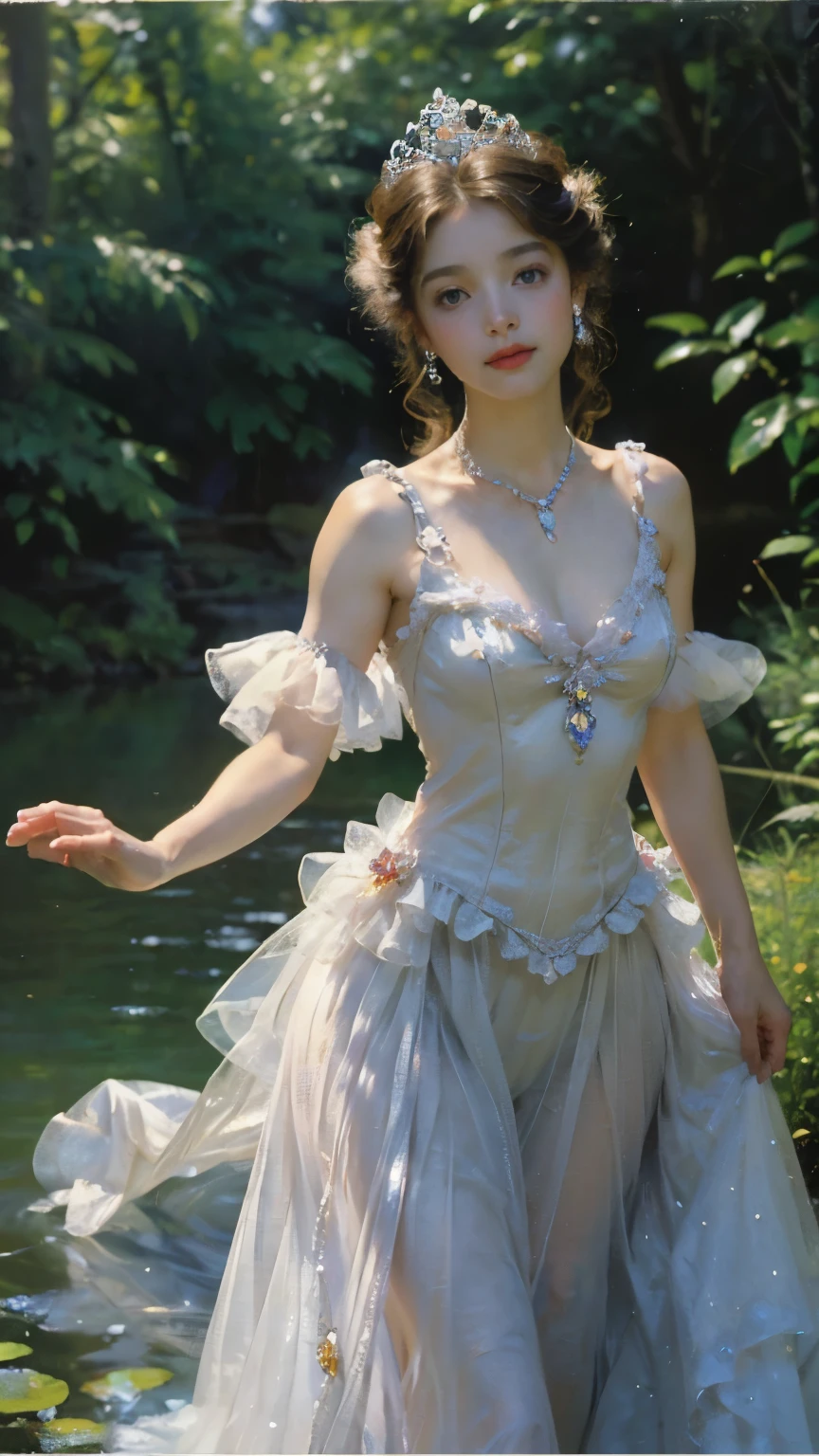 (highest quality、High resolution、masterpiece)、(Photoreal)、(david hamilton style)、(soft focuovie angle、cinematic light、soft light、ray tracing、(land of jewels)、(Adorable Gem Princess、19 years old、Medium chest、)、(The majesty of the princess)、(a compassionate gaze)、(detailed vintage portrait)、 perfect face、beautiful hairstyle、ruby tiara、 fine eyes, (Anatomically accurate hands and fingers)、gorgeous jewelry outfit, (Christmas costume with delicate design)、crystal shine、shining jewel、The brilliance of multicolored gemstones、fairy tale、 alice in wonderland、art nouveau、colorful flowers、The sparkle of jewels fills the space like stars、Background of sparkling water drops dancing in the air、unrealistic background、blurred background、
