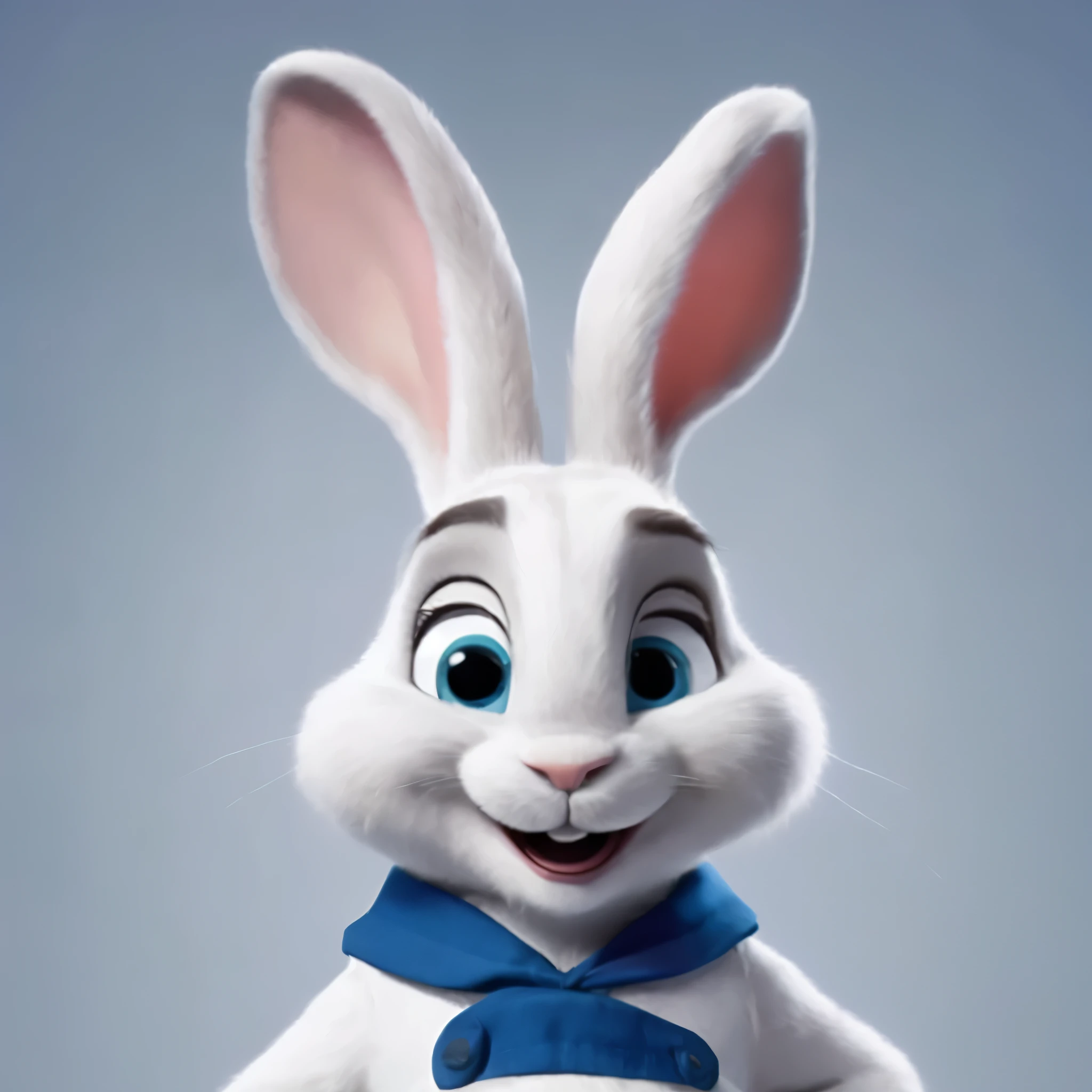 Close-up of a rabbit wearing a green bow tie,super clear，4K，sharpen，F22，Small aperture，Super clear Aperture f22, a portrait of Judy Hopps, Judy Hopps, Judy Hopps from zootopia, mob_Features, portrait of a bugs bunny, Anthropomorphic Rabbit, Zootopia style, Cute Anthropomorphic Rabbit, bugs bunny, Cartoon, white rabbit, zootopia 2, movie Features，3D Pixar Disney style, A full-length white rabbit，Has a large, Smile brightly，Upper teeth clearly visible, big blue eyes, big ear， on a completely white background, (1.1), sharp focus, original photography, dramatic lighting, bust portrait, permanent,