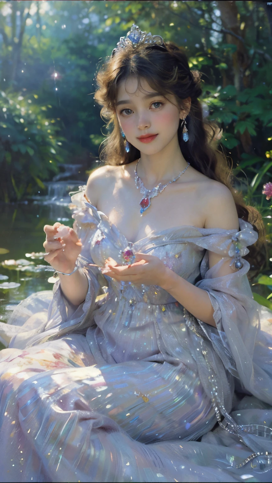 ((highest quality, masterpiece, High resolution))、((reality))、(david hamilton style)、(soft focuovie angle、cinematic light、soft light、ray tracing、(land of jewels)、(Adorable Gem Princess、19 years old、Medium chest、)、(The majesty of the princess)、(a compassionate gaze)、(detailed vintage portrait)、 (Detailed depiction of a beautiful face)、realistic skin、beautiful hairstyle、ruby tiara、gorgeous jewelry outfit, crystal shine、shining jewel、The brilliance of multicolored gemstones、fairy tale、 alice in wonderland、art nouveau、colorful flowers、The sparkle of jewels fills the space like stars、Background of sparkling water drops dancing in the air、unrealistic background、blurred background、