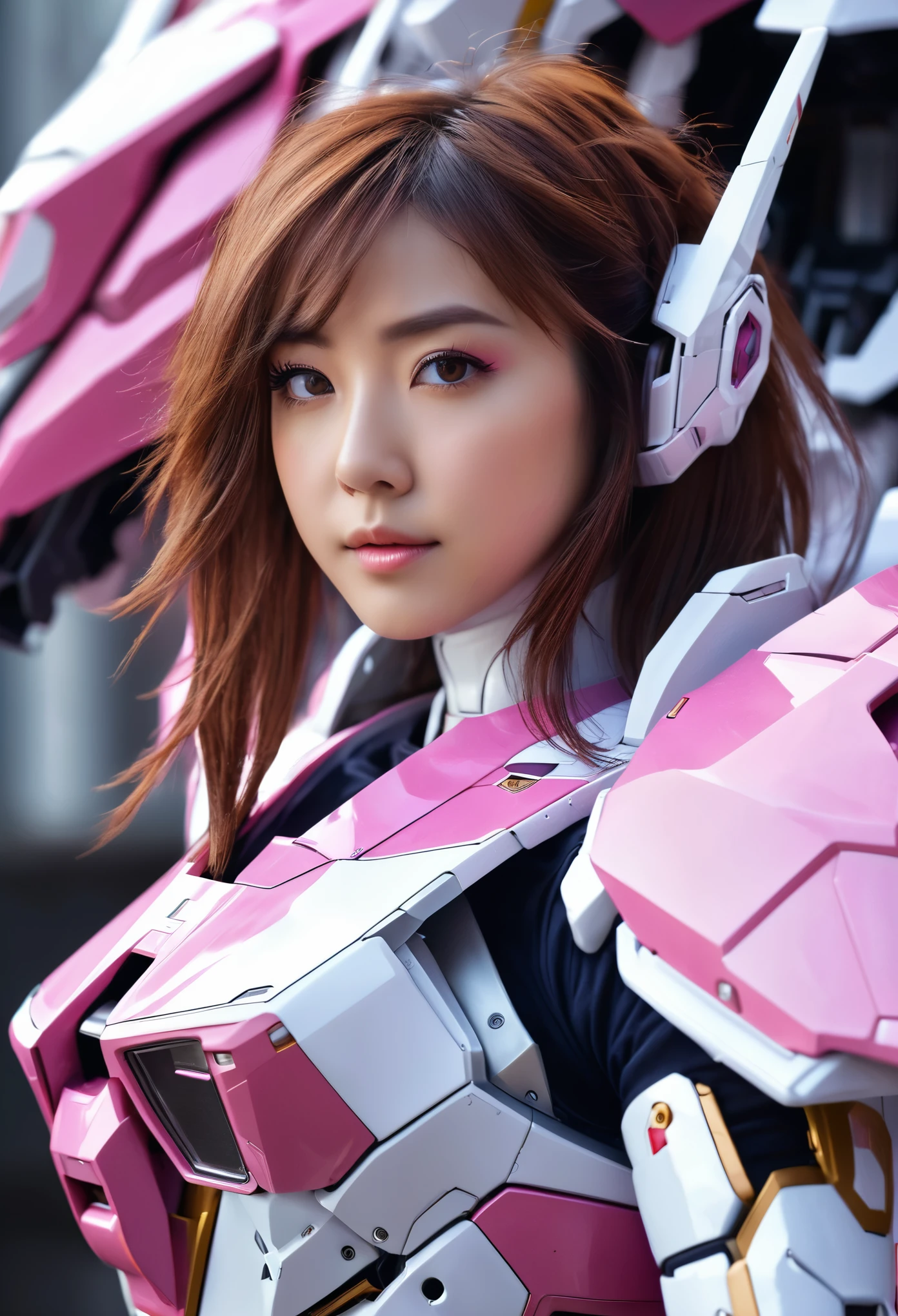RAW, Masterpiece, Ultra Fine Photo,, Best Quality, Ultra High Resolution, Photorealistic, Sunlight, Full Body Portrait, Stunningly Beautiful,, Dynamic Poses, Delicate Face, Vibrant Eyes, (Side View) a close up of a woman in a pink and white gundam custume, dybamic pose, long brown very very long hair rapunzel, girl in mecha cyber armor, portrait armored astronaut girl, d. va from overwatch, female mecha, on a gundam, gundam head, chiho aoshima color scheme, mobile suit, streamlined purple armor, fully robotic!! girl, realistic cosplay, gundam armor (dynamic pose) (best cameraview), full body