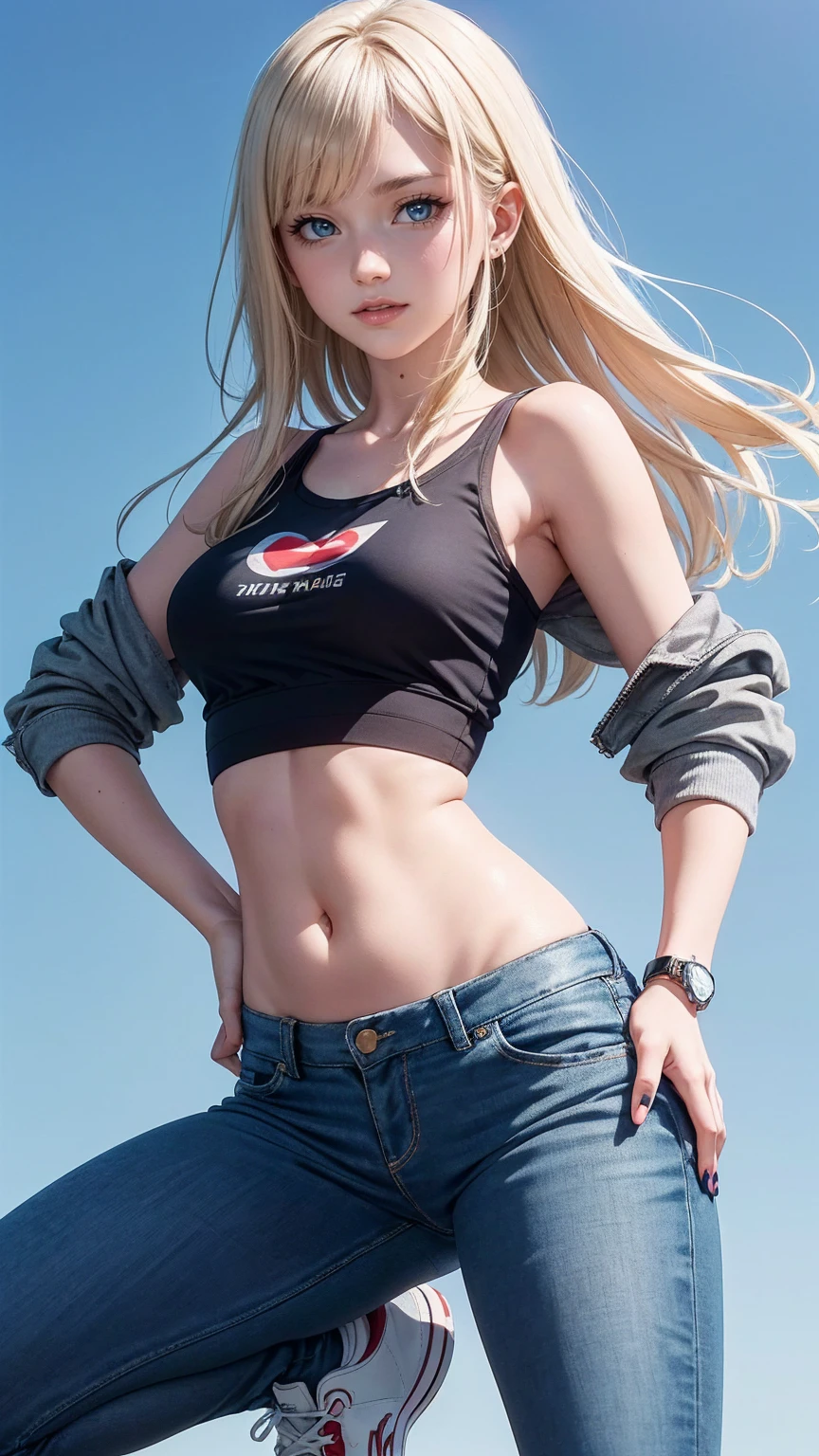 (masterpiece, best quality), 1girl, android 18, blonde hair, long hair, blue eyes, Big Breasts,jeans skirt,black pantyhose, black legwear, sleveless jeans open jacket,