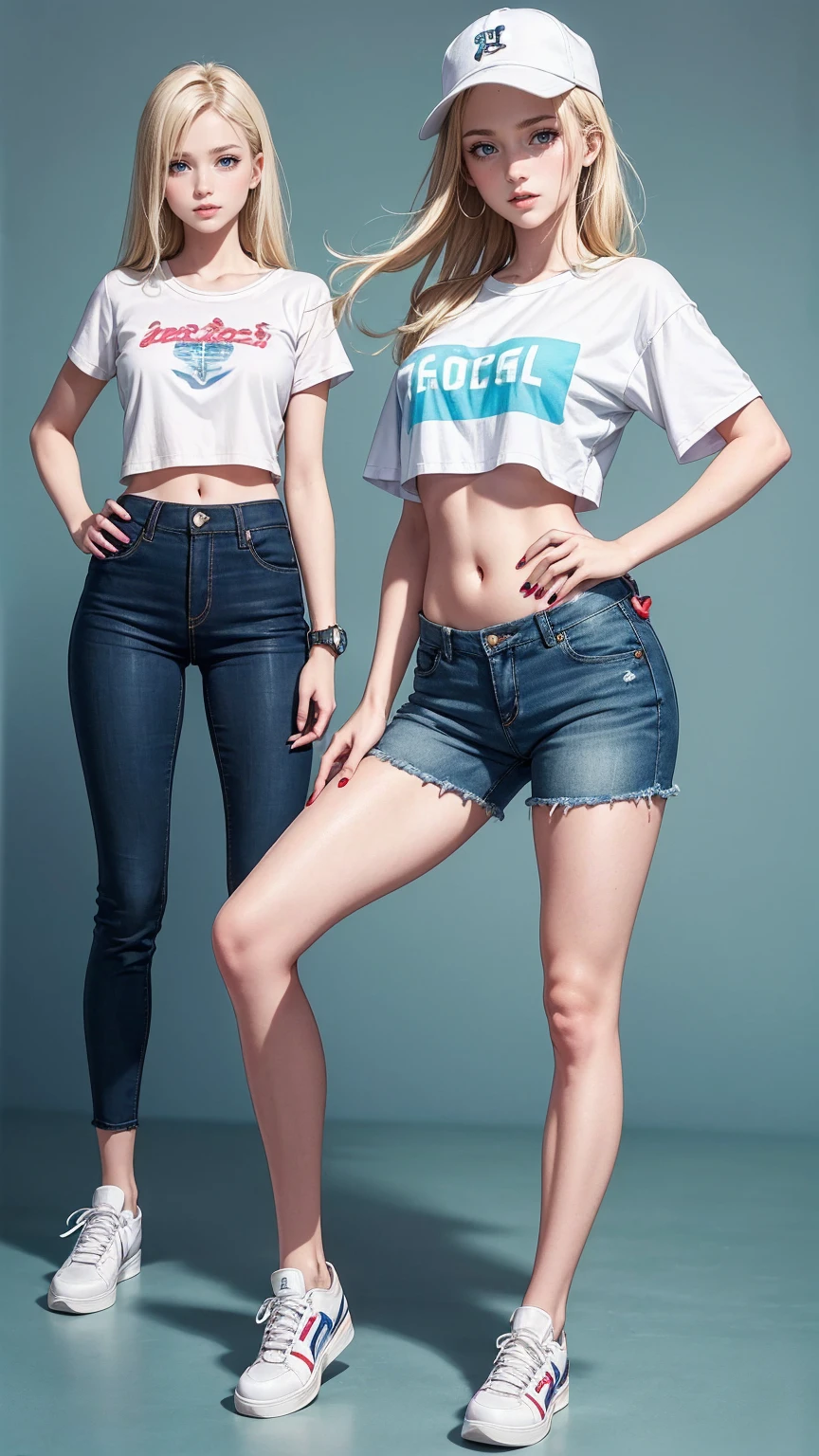 ((最high quality, 8K, masterpiece: 1.3, Ultra HD, high quality, 最high quality, High resolution, realism)) 、25 year old white woman、platinum blonde、blue eyes、long hair、hair above one eye、smile、slender、A soft and plump feminine body、I don't want my head to disappear from the screen.、Accessorize your wrist、Wearing red nail polish、I have a peticure、(high color saturation:1.0), (highly detailed skin), (最high quality:1.0), (超High resolution:1.0) ,(realistic:1.0), (Super detailed:1.0), (8K, Raw photo:1.1), Wear a T-shirt、Midriff Jacket((midriff jacket))((outta))wear、Midriff Jacket((midriff jacket))((outta))roll up the sleeves of、wear skinny jeans、wear sneakers、put both hands on hips、wear a watch、spread your legs shoulder-width apart、smile、Pastel blue background、wear a baseball cap backwards