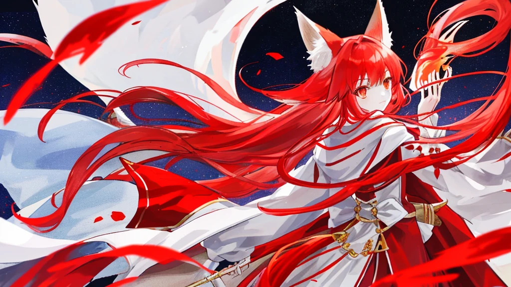 girl with red long hair, red and white royal clothes, fox ears, nine tails, fox, white fox, sky