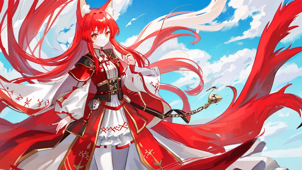 girl with red long hair, red and white royal clothes, fox ears, nine tails, fox, white fox, sky