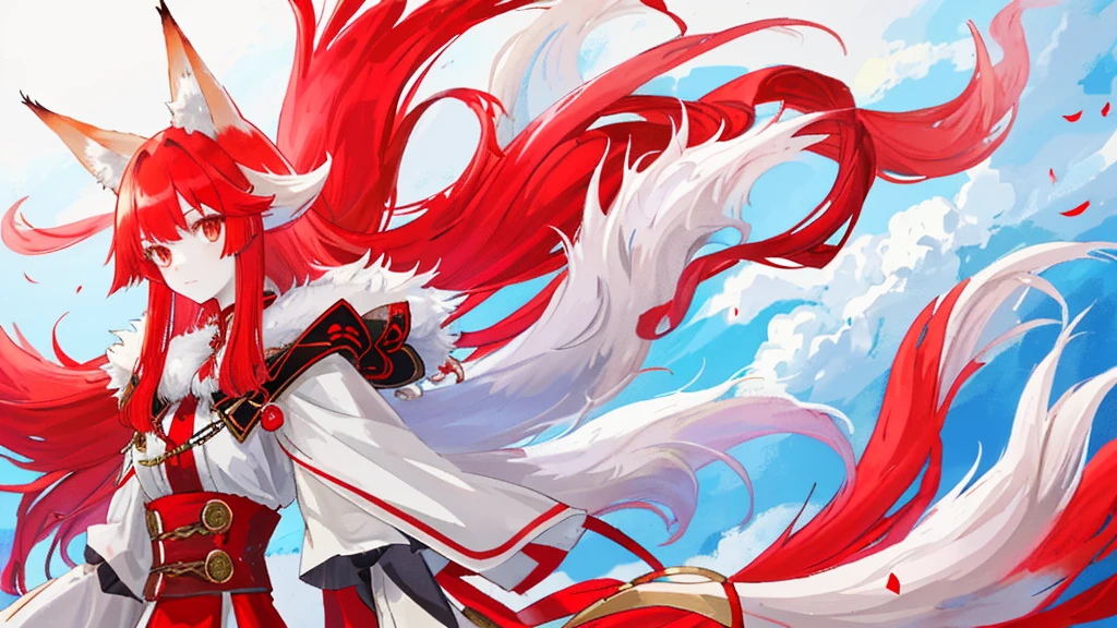 girl with red long hair, red and white royal clothes, fox ears, nine tails, fox, white fox, sky