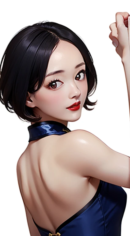 [(white background:1.5)::5], 1 girl,Upper body,robber girl,blue cheongsam dress,blue cheongsam,(highest quality:1.4),(shiny skin),red lips,((short hair、all back、exposed forehead、black hair), looking at the viewer,small breasts,,thin、small breast.