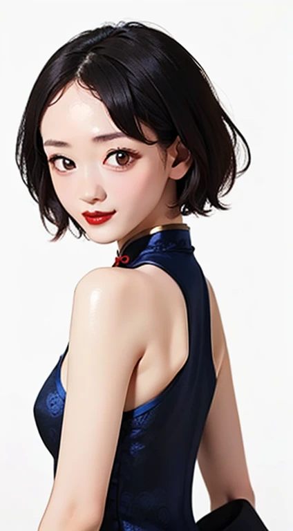 [(white background:1.5)::5], 1 girl,Upper body,robber girl,blue cheongsam dress,blue cheongsam,(highest quality:1.4),(shiny skin),red lips,((short hair、all back、exposed forehead、black hair), looking at the viewer,small breasts,,thin、small breast.