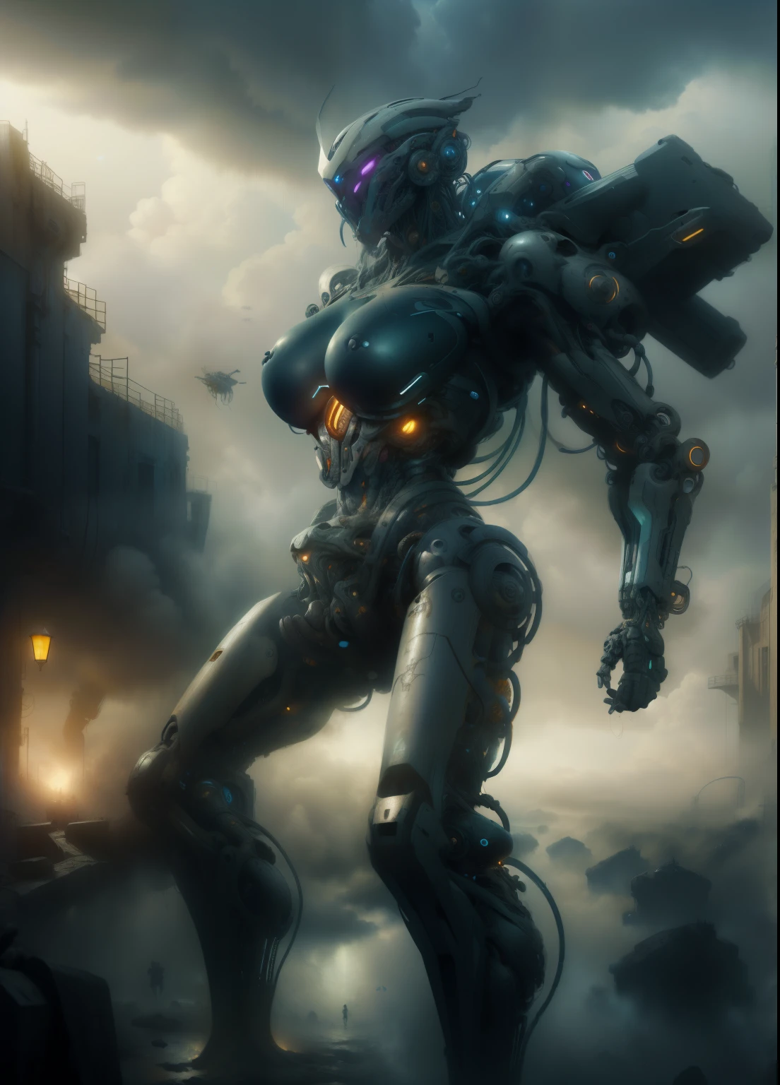 NSFW masterpiece,(best quality)Giant Cyberpunk Female Mechanical Titan,Marble breast prosthesis assembled with giant mechanical structural modules,Mega Evolution Future Technology Titan,Ruined dungeon ruins on apocalyptic cloudy day and night,Jewelry-encrusted mechanical breast prosthesis,Marble cracked skin shell,Heavy exoskeleton fantasy technology evolution mecha,Dark fantasy art rendering,Standing on the smoky ruins,Dark swamp atmospheric fog special effects,