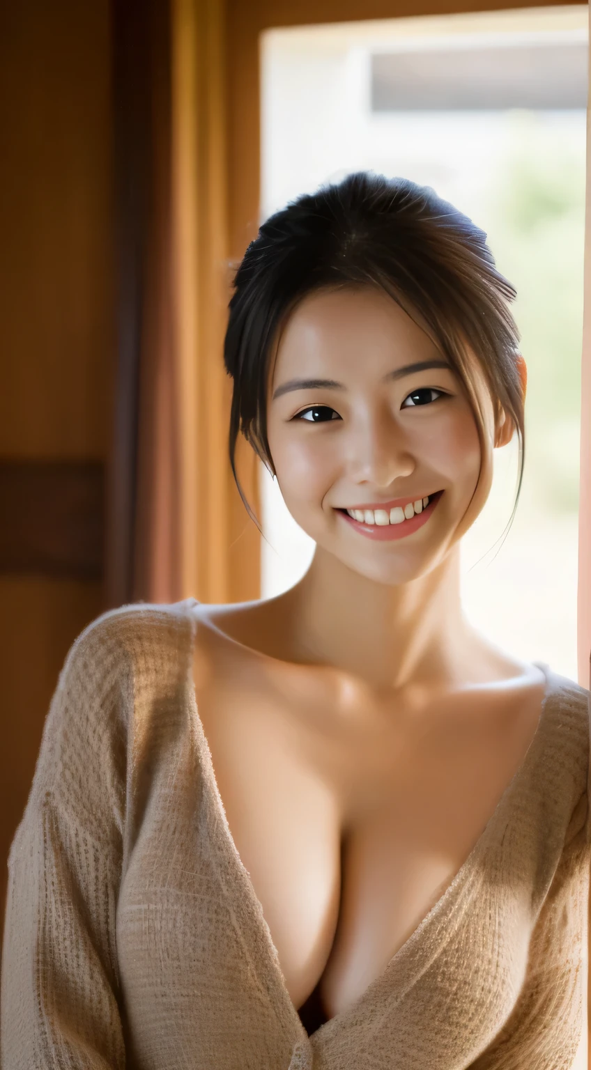 masterpiece,best quality,(Japanese ),((Beautiful girl)),cleavage,indoor,(perfect body beauty:1.2),(shy smile),beautiful teeth,