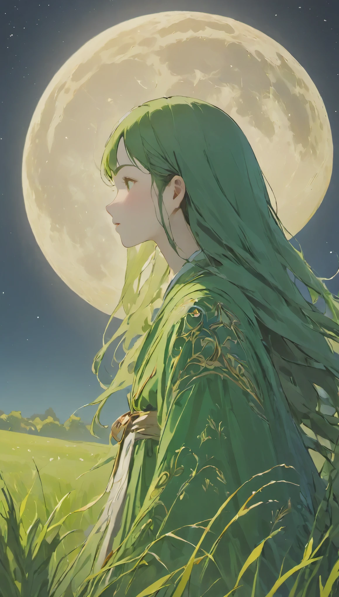 (((shyly))),,greenのマント,simple background，moon，breath of life，green，grassland，breath of life，intricate facial details, detailed face, golden ratio face, small face, Full body Esbian, K UHD, hyper hd, high dynamic range, Gentle yet powerful divinity，There is a sense of dignity.