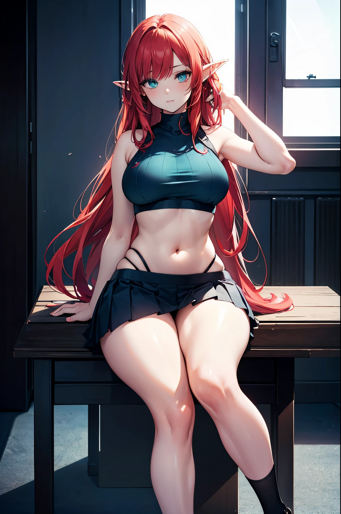 Realistic image, coherent image, detailed image, of 1 succubus elf. Wear a crop top, pleated miniskirt, showing the thong. He has red hair, long hair and turquoise eyes. She has a curvy body, medium breasts and thick thighs. She surrounded by a dark atmosphere, posing sensually. sitting on knees. view from behind, view from below, view from the buttocks. Dramatic shadows, Volumetric lighting, natural lighting.