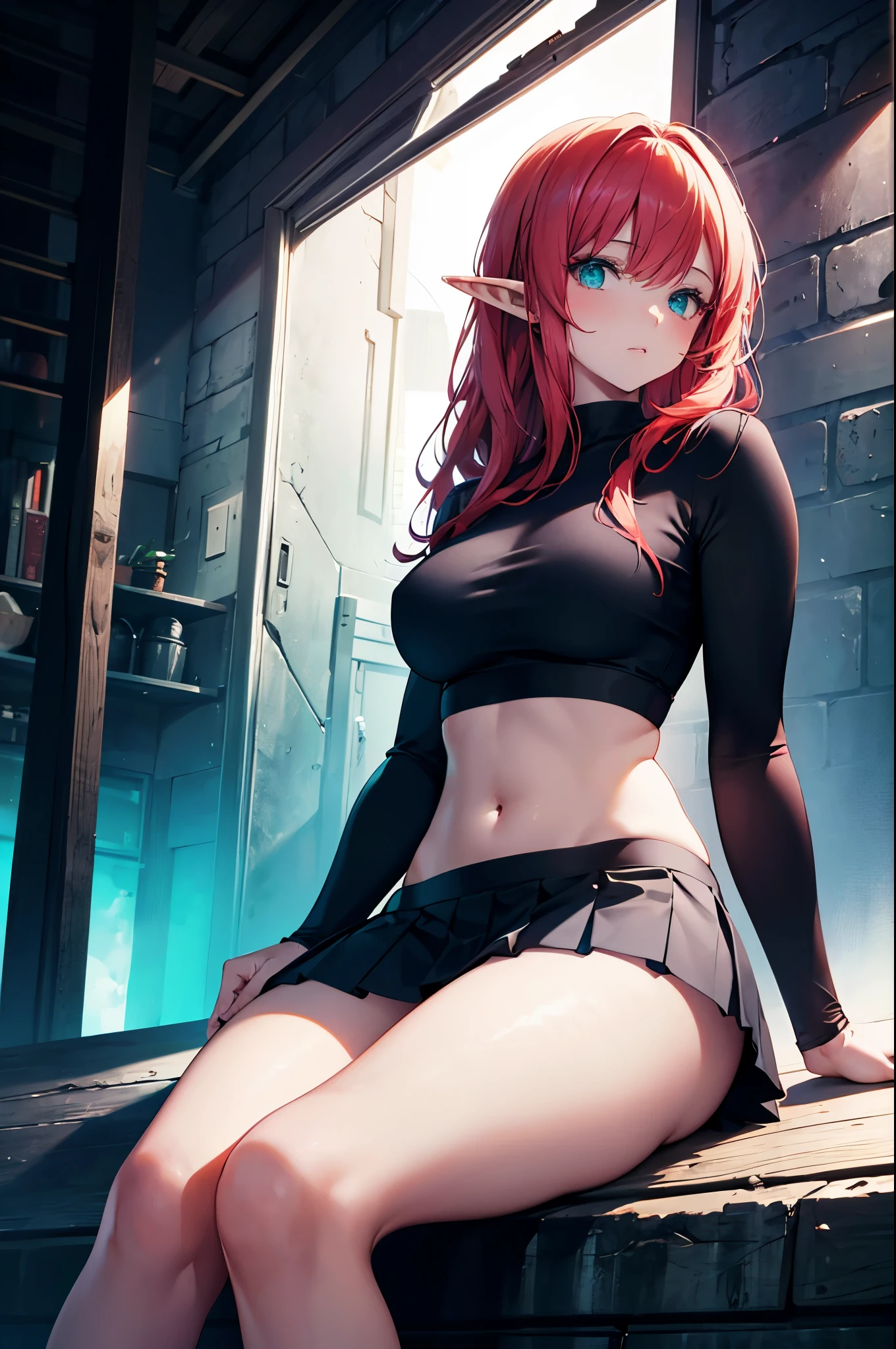 Realistic image, coherent image, detailed image, of 1 succubus elf. Wear a crop top, pleated miniskirt, showing the thong. He has red hair, long hair and turquoise eyes. She has a curvy body, medium breasts and thick thighs. She surrounded by a dark atmosphere, posing sensually. sitting on knees. view from behind, view from below, view from the buttocks. Dramatic shadows, Volumetric lighting, natural lighting.