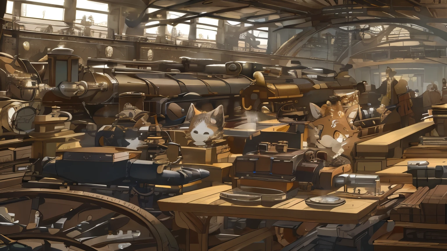 dynamic angle, top quality, best quality, High-quality illustrations, masterpiece, super high resolution, detailed background, detailed background, steampunk, Steam engines, gear wheel, group shot:0.1, 6+boys, 6+girls, Happy, joyful, absurdres(highly detailed beautiful face and eyes)perfect anatomy(kemono, furry anthro),