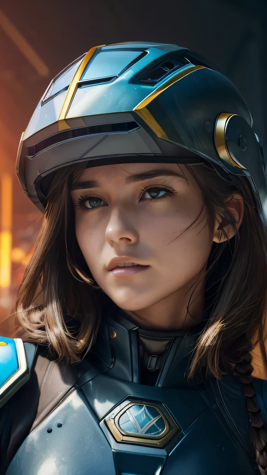 masterpiece, 最high quality, , (alone), 1 girl, look up, dim light, , horizon_(apex legend), goggles, blue eyes, brown hair, gauntlet, shoulder armor, (((full face mechanical helmet))), (science_fiction), outdoor, street, neon light, cyber punk, masterpiece, 最high quality, high quality, High resolution, (((close up of face)))