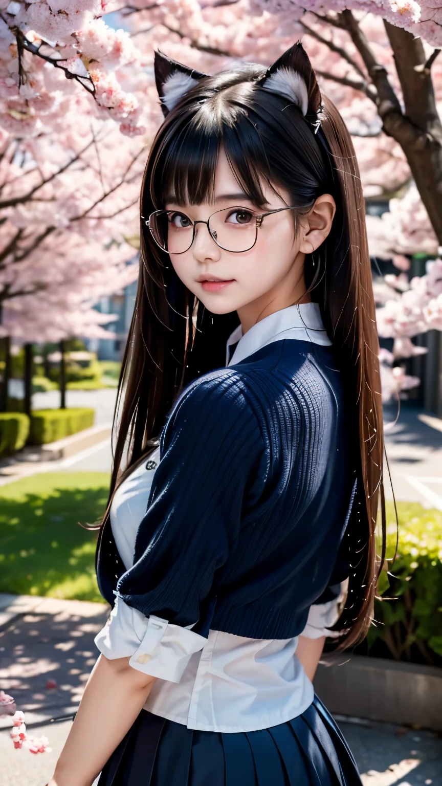 ((highest quality)), ((masterpiece)), (be familiar with), perfect face，((Kemo ears))beautiful girl，real，Are crying，tears，8k，Kemo ears，Cat ear，glasses，uniform，cherry blossoms，Turn around，long hair，looking at the camera