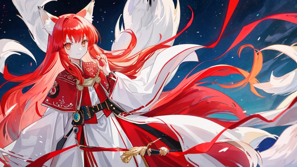 girl with red long hair, royal clothes, fox ears, nine fox tails, fox, white fox,sky, anime