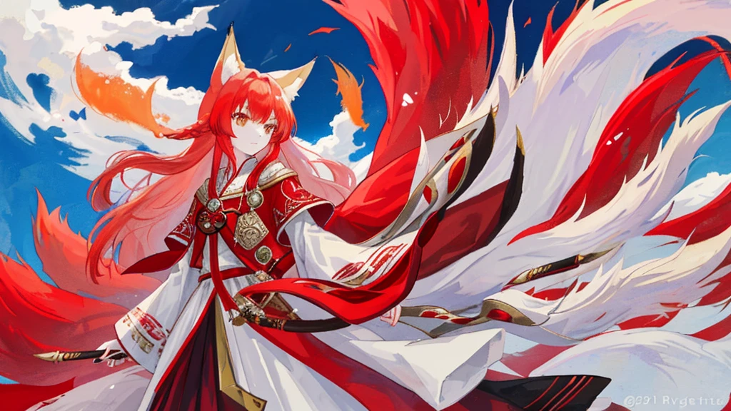 girl with red long hair, royal clothes, fox ears, nine fox tails, fox, white fox,sky, anime