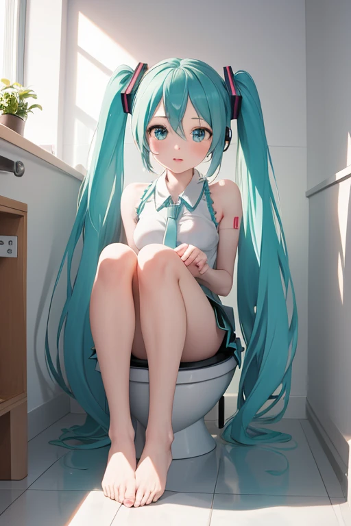 masterpiece, best quality, 1girl,hatsune miku, using a toilet 