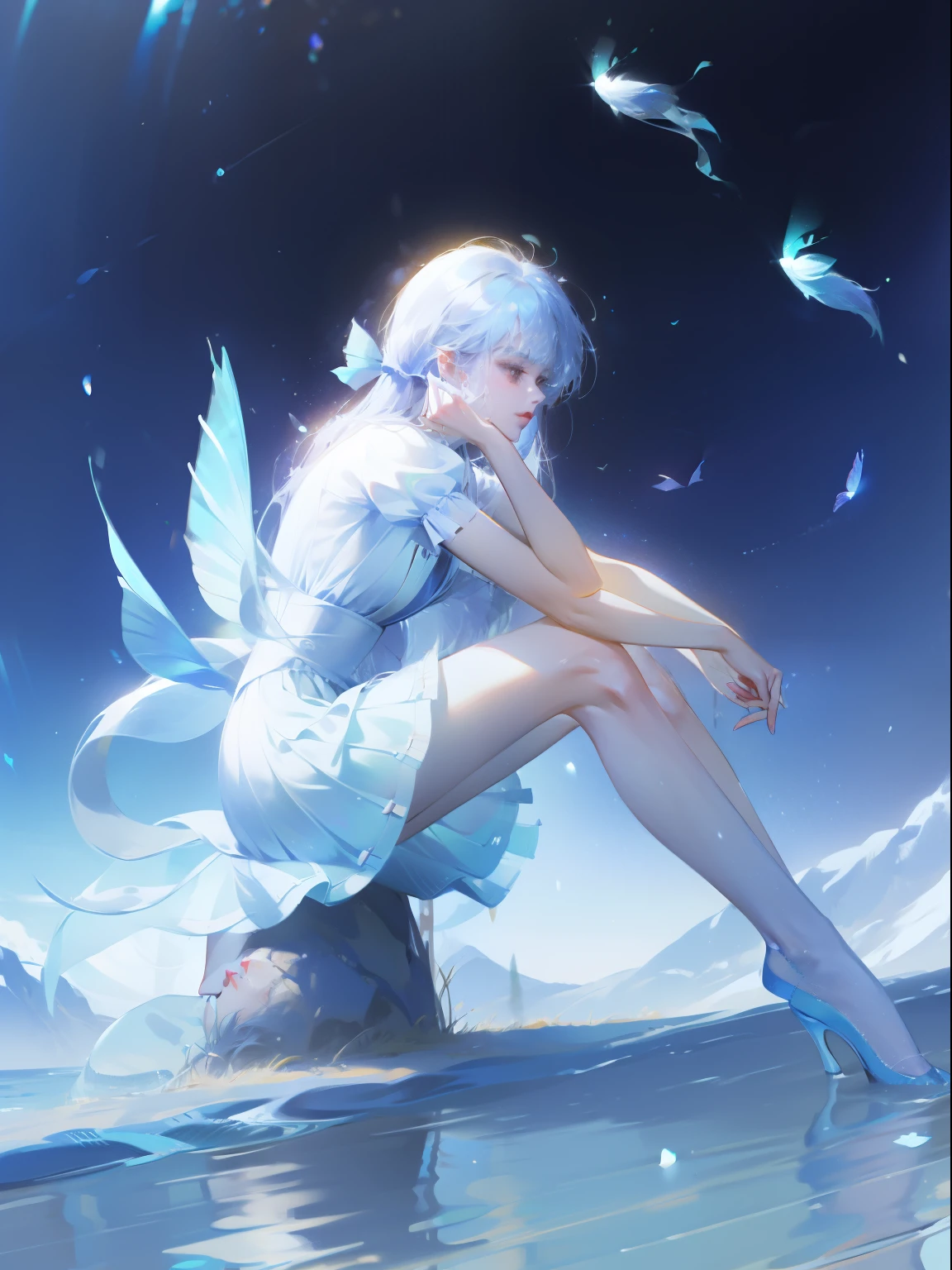 1 girl，clear water，blue butterfly，Pure white gauze skirt，sparkling，sit in the air
