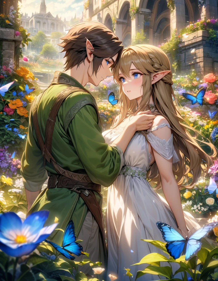 absurdres, highres, ultra detailed, HDR), masterpiece, vibrant blue eyes, Link, dark brown short hair, hair between the eyes, green tunic, The legend of zelda twilight princess, Princess Zelda, dark brown long hair, purple and white dress, a handsome man together with a beautiful woman, couple, elf, flower garden, butterflies, petals