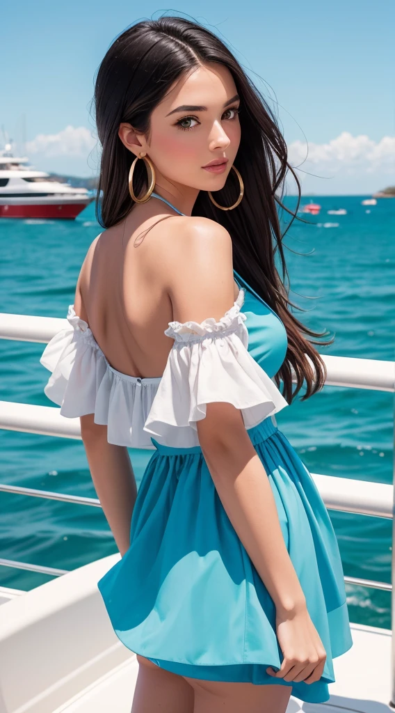 This stylized illustration depicts a fashionable woman with long, flowing dark hair and large hoop earrings, posing confidently on what appears to be the deck of a boat or yacht. She is wearing a blue and white dress with puffy sleeves that appear to flutter in an implied breeze. The image has a bold, illustrative style and vibrant coloring.
The background features a brilliant blue sky with wispy clouds and hints of the ocean or harbor in the distance with other vessels visible, implying a picturesque marina or coastal setting. The overall composition and framing suggest an eye-catching, glamorous lifestyle portrait captured from a slightly low camera angle to accentuate the subject's poise and the scenic backdrop behind her.