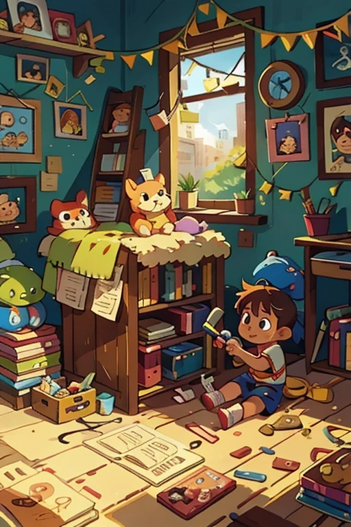 Cartoon illustration of a child playing with toys in the room, nintendo Game art, 2D game fanart, Lovely art style, Game art!!, video game fanart, official artwork, Official fan art, second art, 2D art, (art station), lovely artwork, Game art, videoGame art, heroes 2d fan art artstation, 2D art cover