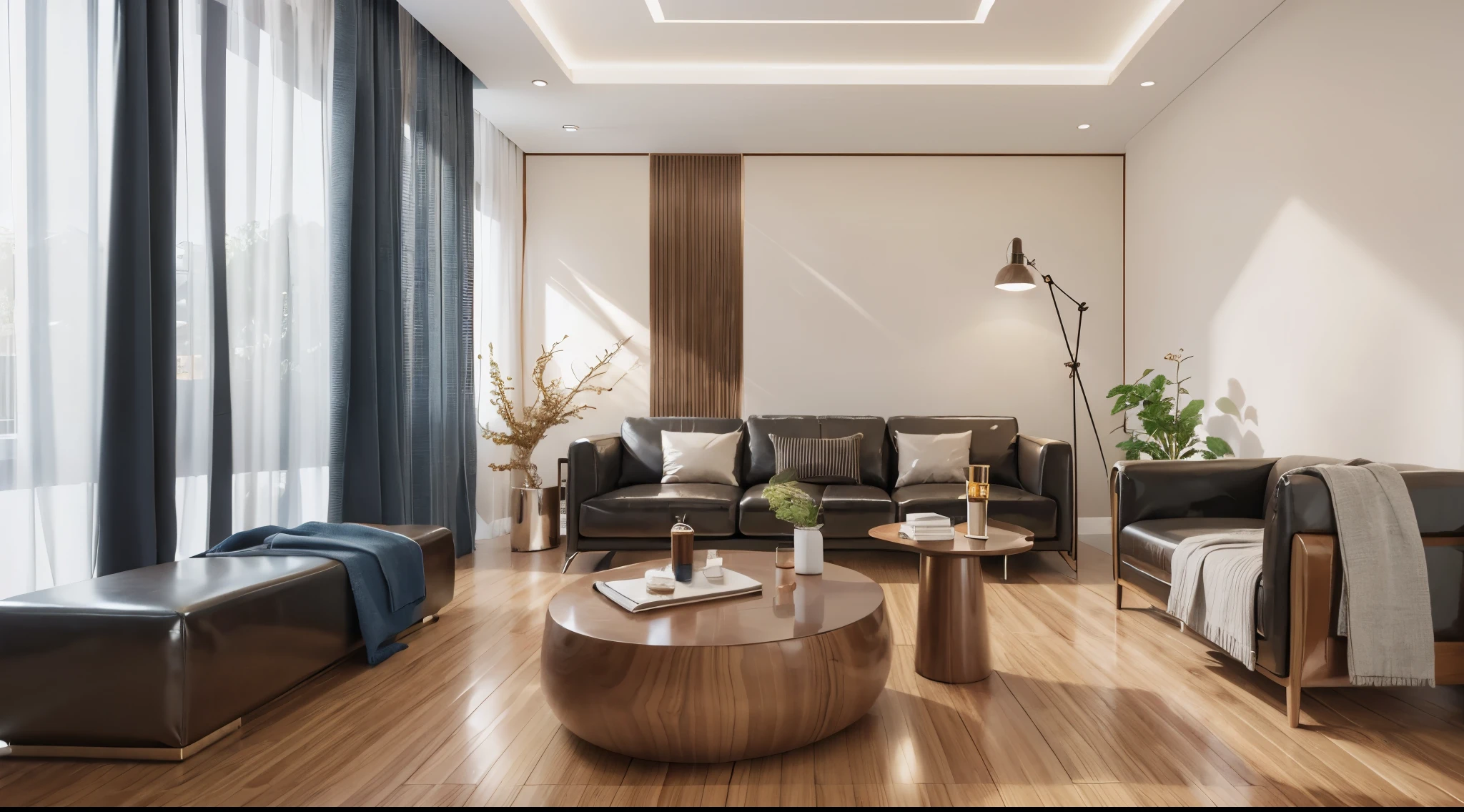 Modern living room design，（（（Brown sofa））），As clear as photos taken with a professional camera，（masterpiece，best quality，8k uhd，SLR，soft light，high quality，Ultra-detailed，film grain，Fujifilm XT3， UE 5 rendering 8k，ultra high resolution，Super details：1.2)，color block wall decoration，奶油color block wall decoration，Glossy floor，(((Volumetric light)))