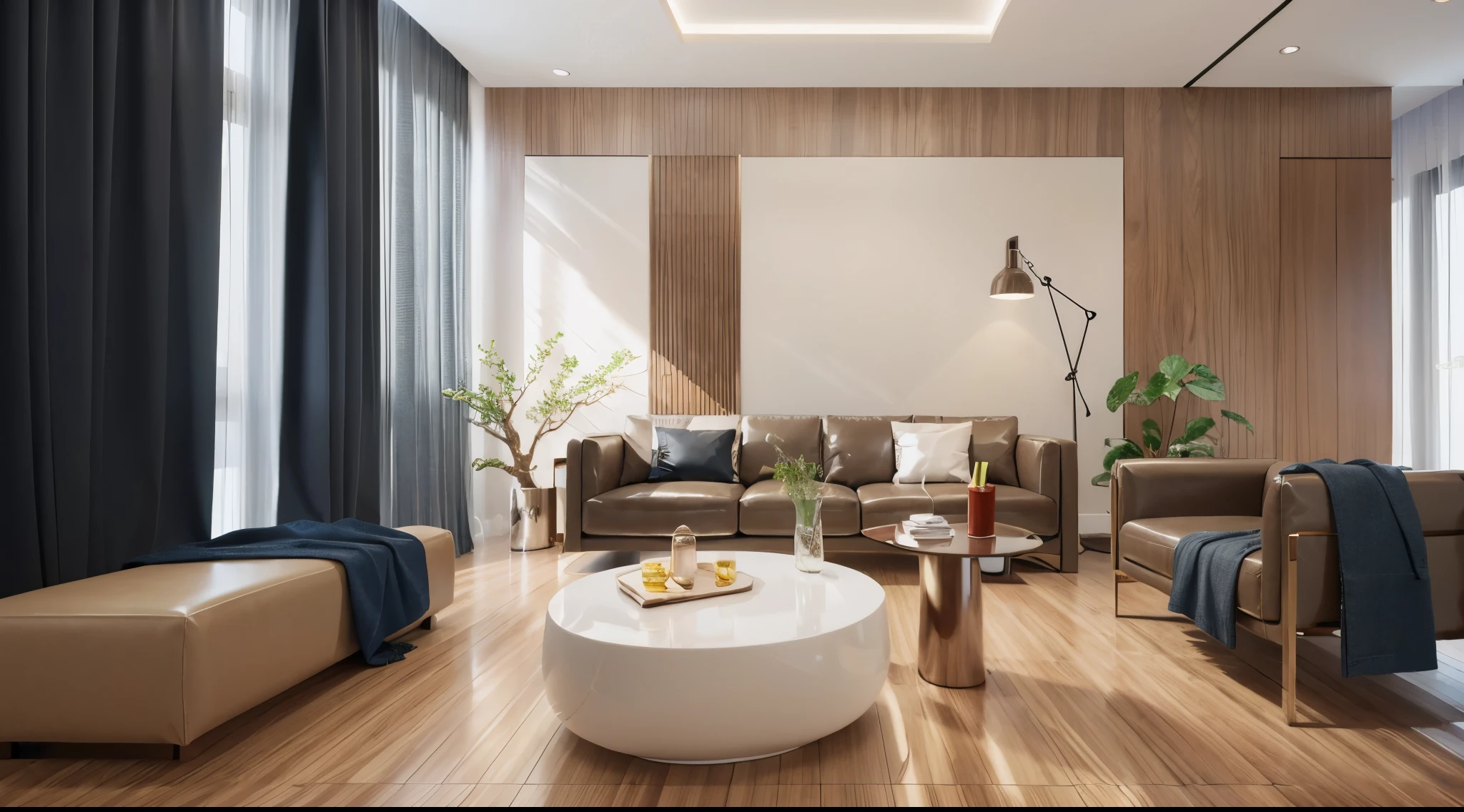 Modern living room design，（（（Brown sofa））），As clear as photos taken with a professional camera，（masterpiece，best quality，8k uhd，SLR，soft light，high quality，Ultra-detailed，film grain，Fujifilm XT3， UE 5 rendering 8k，ultra high resolution，Super details：1.2)，color block wall decoration，奶油color block wall decoration，Glossy floor，(((Volumetric light)))