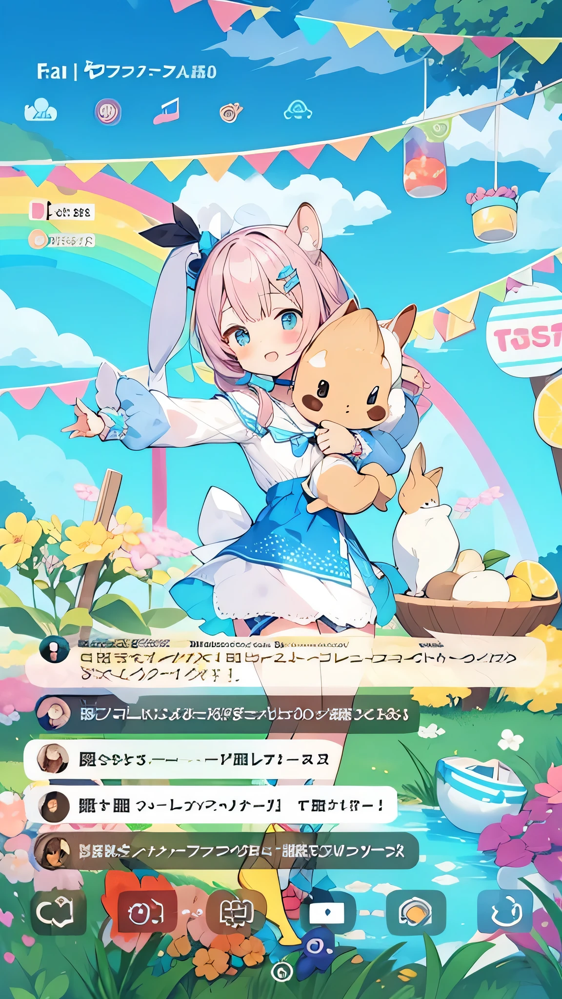 un primer plano de un personaje de dibujos animados con un conejo y un gato, hololive, ruan cute vtuber, my dress anime darling, conejita, 🐿🍸🍋, sakimichan, con orejas de conejo, estaciones!! : 🌸 ☀ 🍂 ❄, contenido descargable, rune factory 5 art style, el fondo es celestial, con grandes orejas de conejo