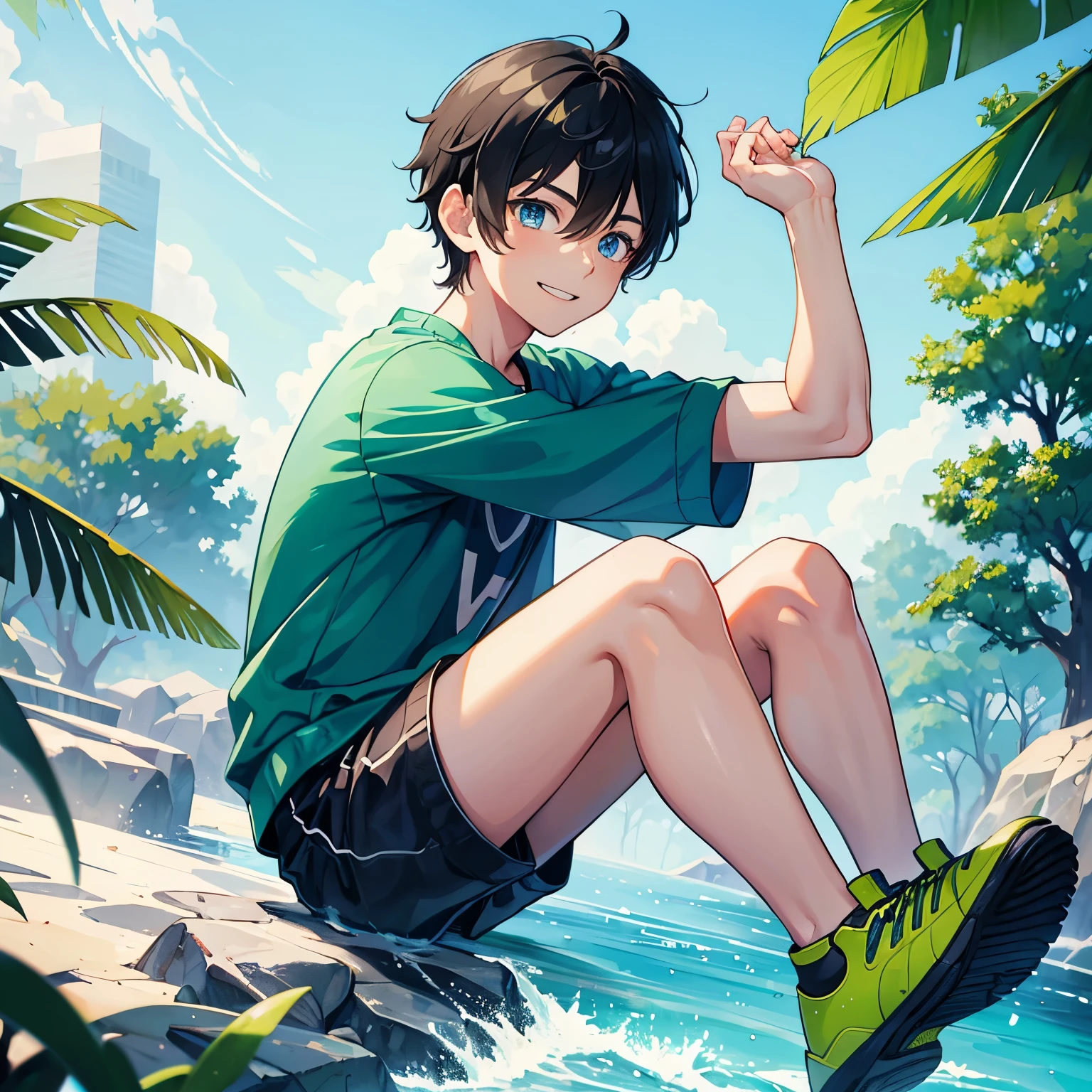 A boy, 12 years old, Green shoes, BLUE eyes, shonen boy, black hair, BLUE shorts, smile