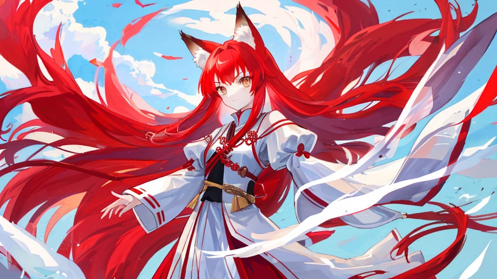 girl with red long hair, royal clothes, fox ears, nine fox tails, white fox, sky, anime